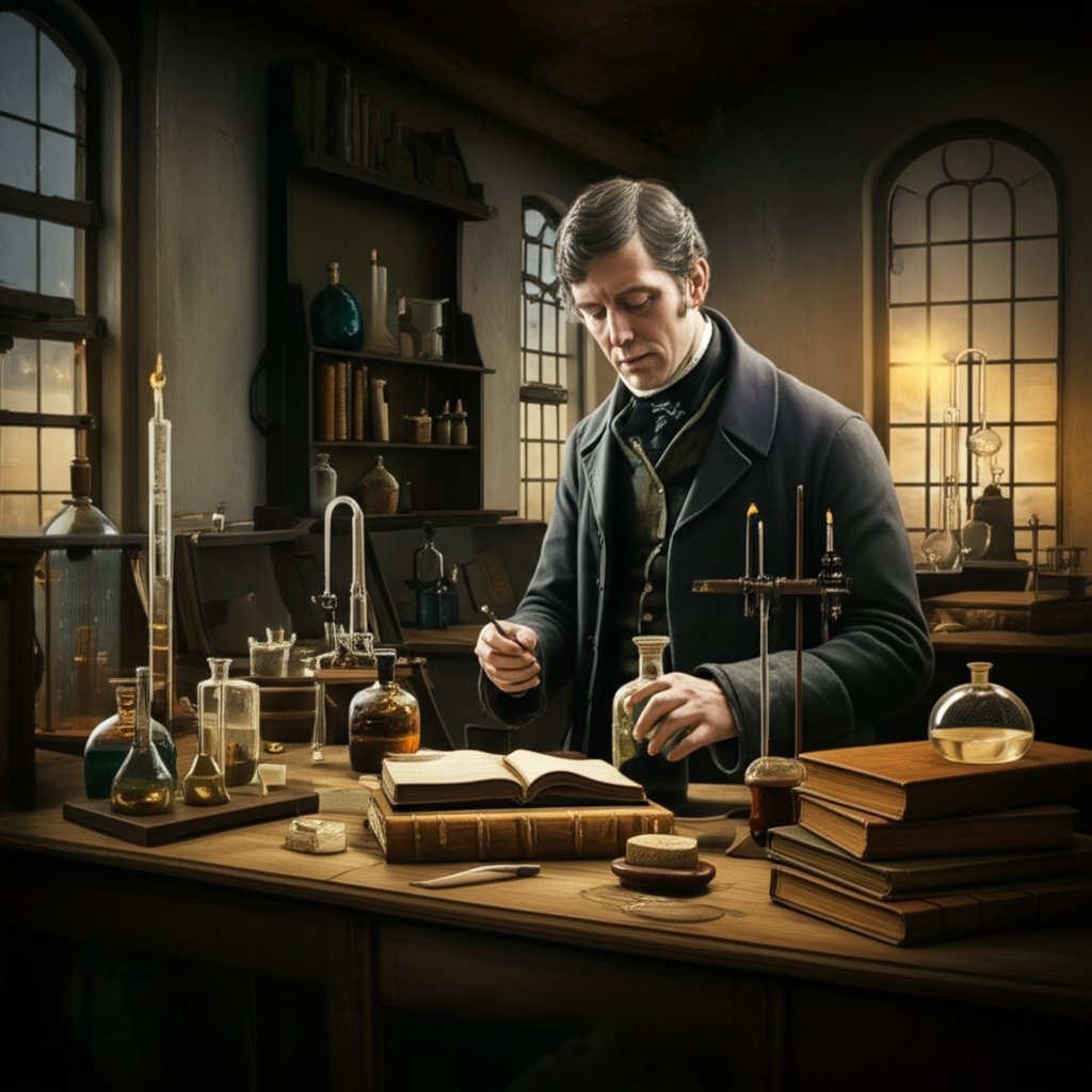 a 19th century chemist in a laboratory symbolizes the origins of the aluminum spelling
