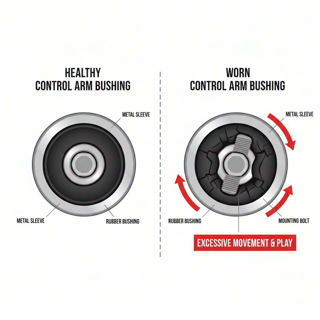 diagram illustrating the difference between a new and a failed control arm bushing