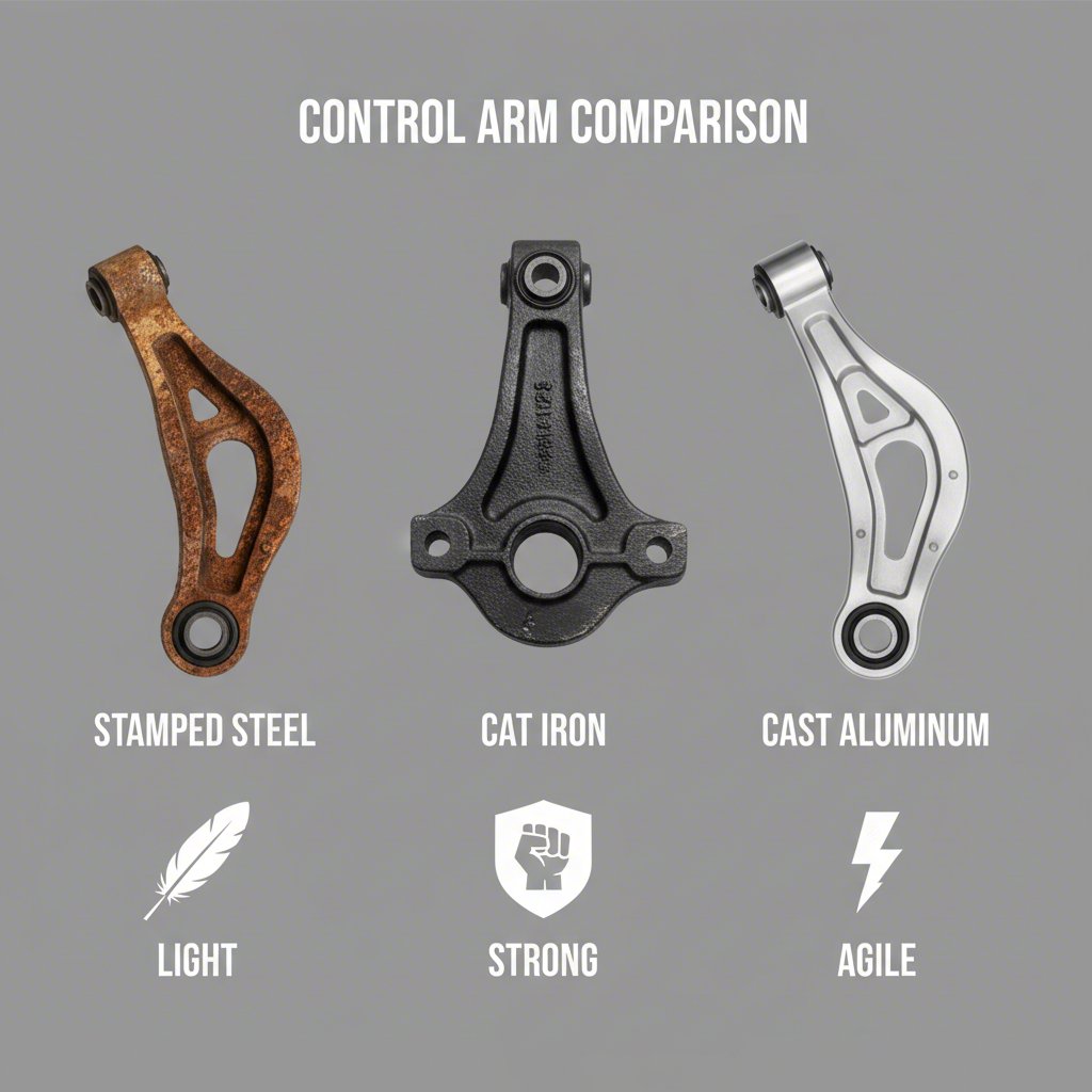 visual comparison of stamped steel cast iron and cast aluminum control arms