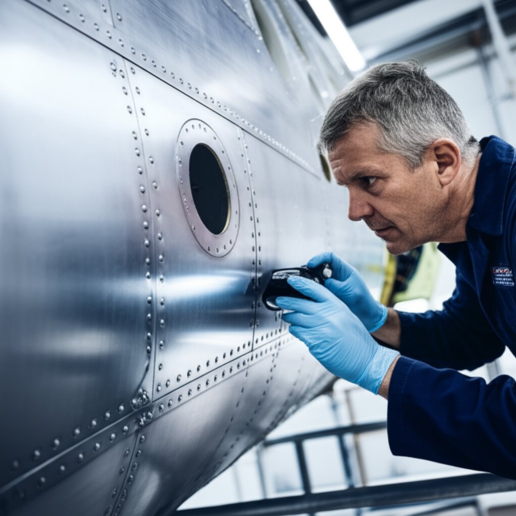 technician inspecting aluminum components for early signs of corrosion or oxidation
