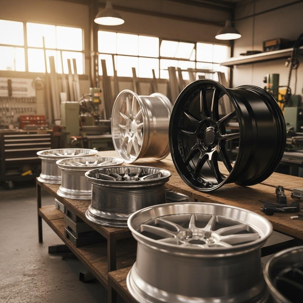 custom wheel shop displaying raw and finished forged wheels