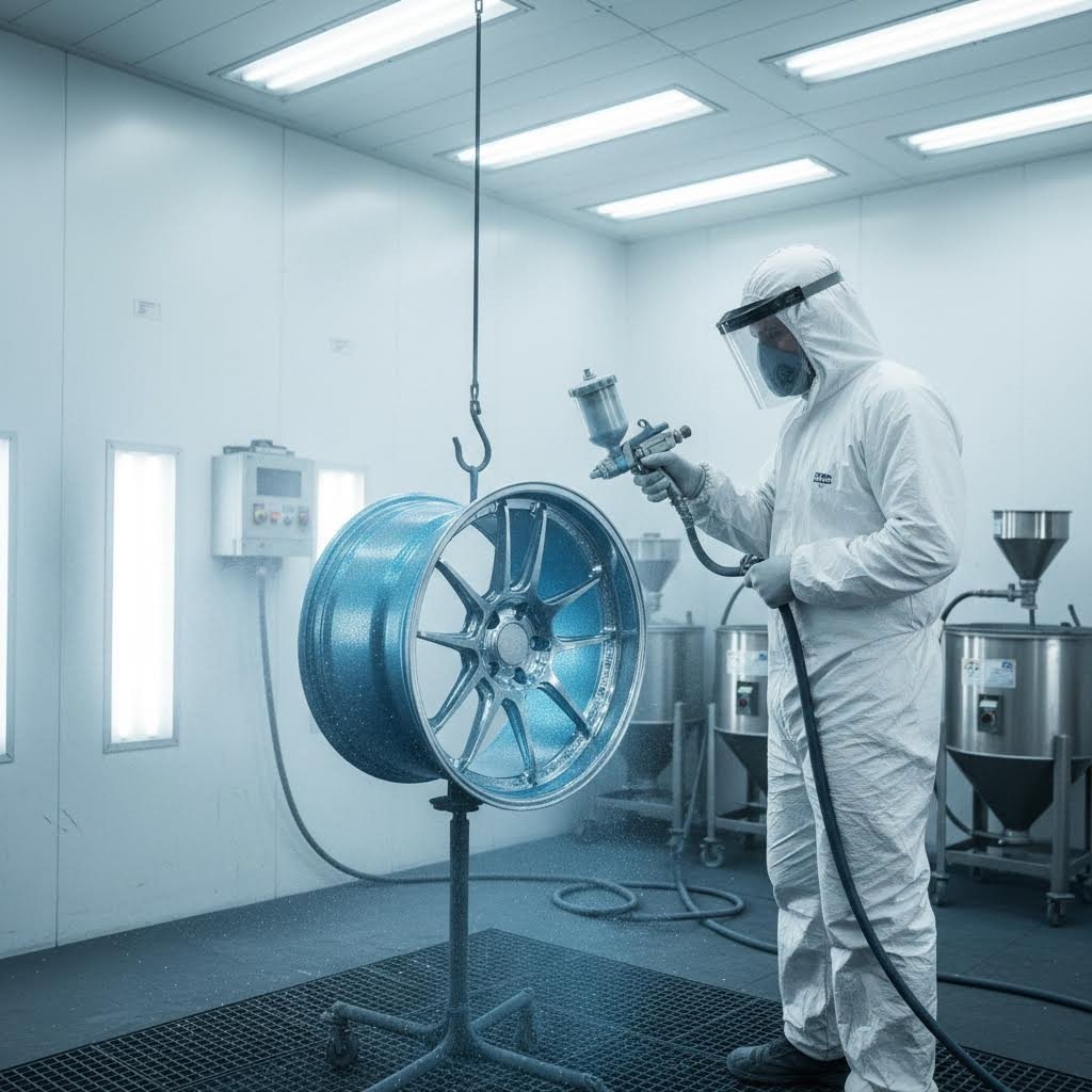 professional powder coating application on a forged wheel blank