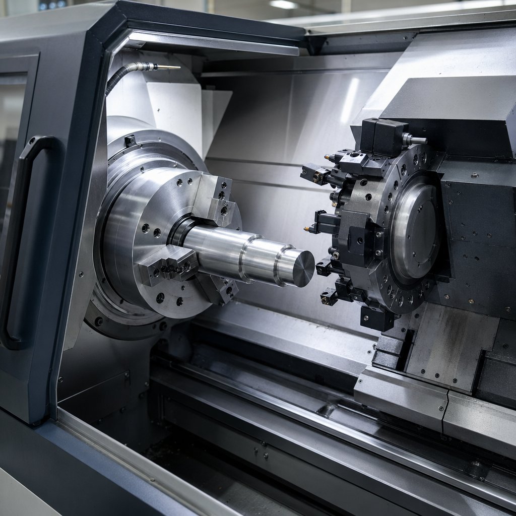 modern cnc turning machine cutting a cylindrical metal part