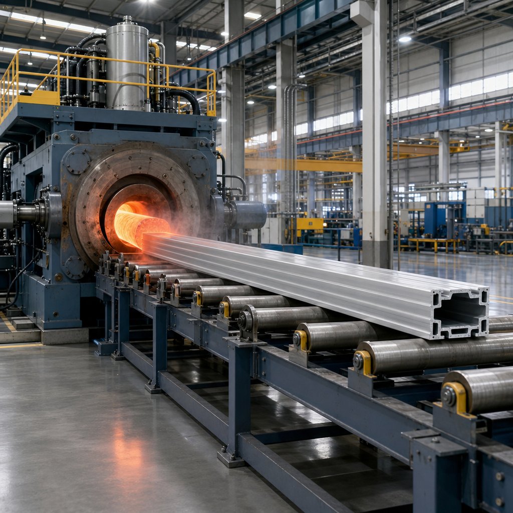 aluminum extrusion from heated billet to finished profile in a modern factory