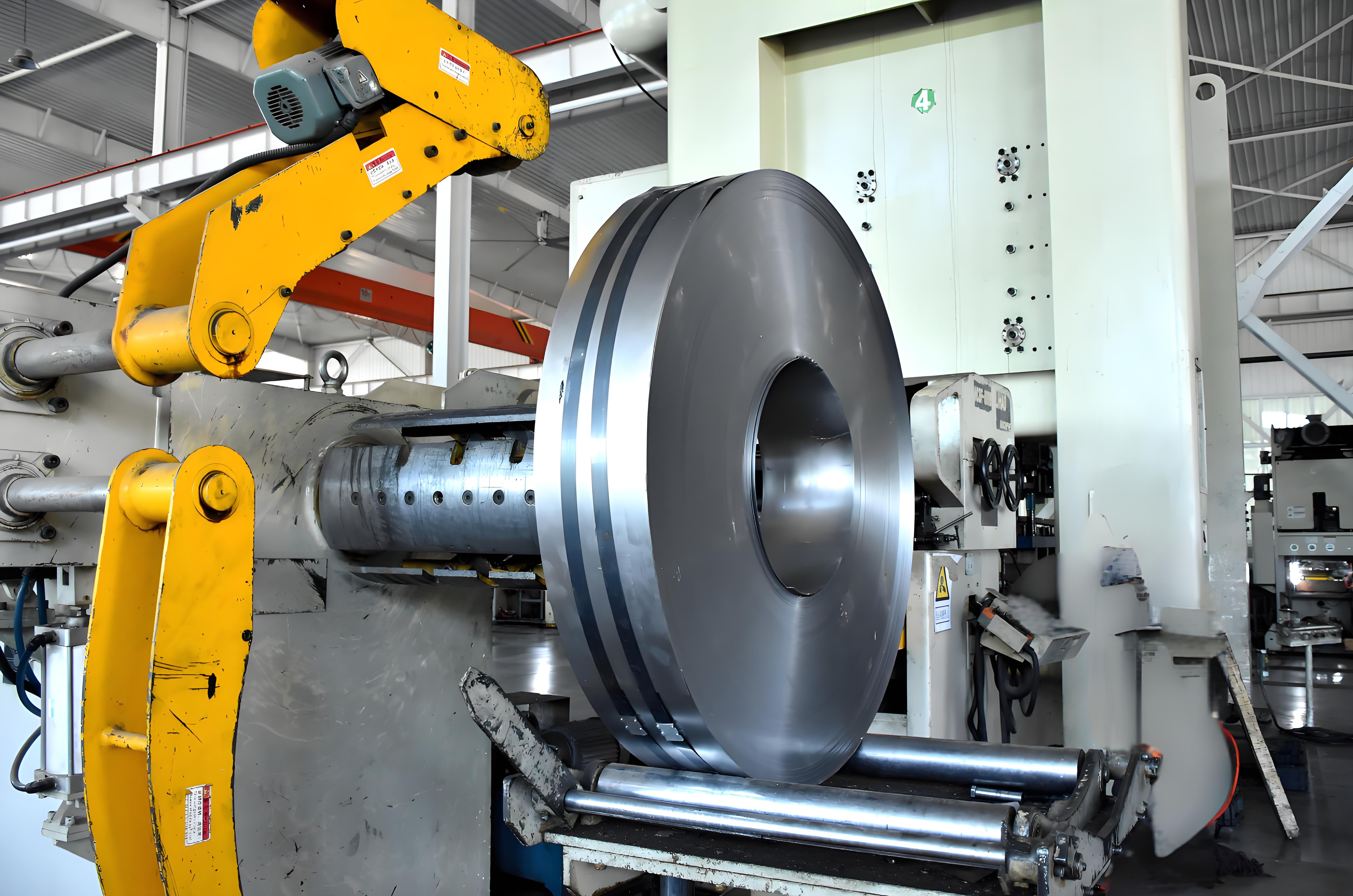 automated stamping press line transforming coils into finished metal parts