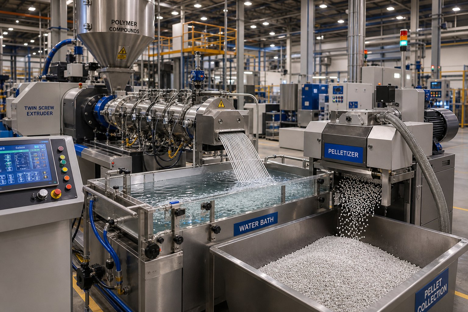 a twin screw extruder compounding line producing polymer pellets representing the plastics processing segment that dominates market applications