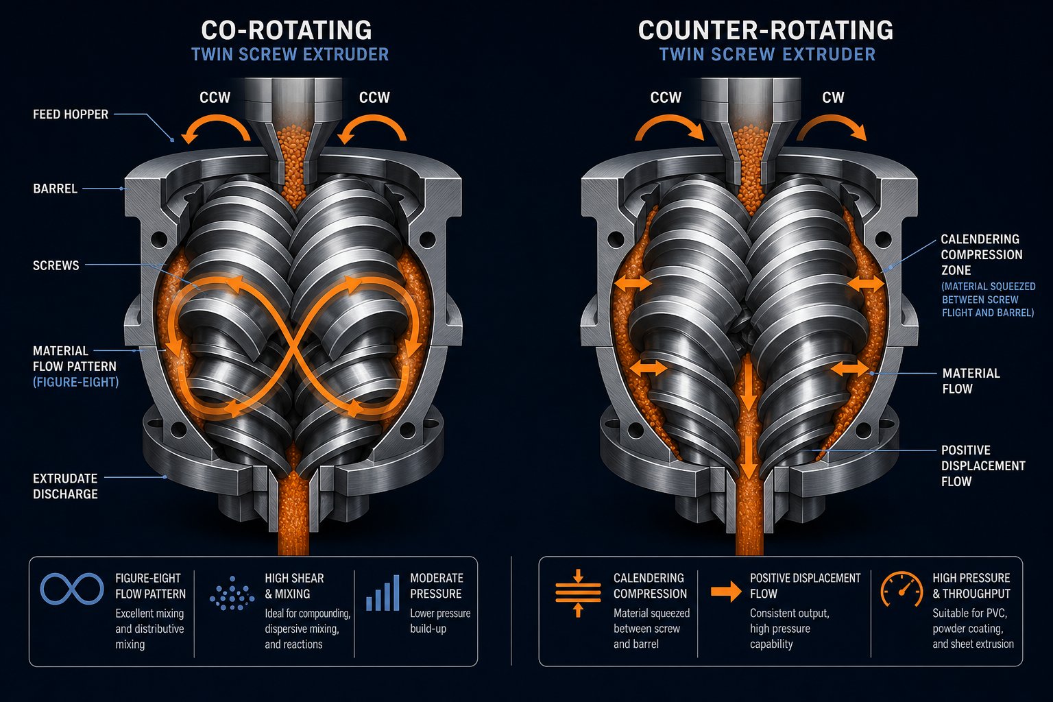 cross section comparison of co rotating and counter rotating twin screw extruder configurations showing screw rotation and material flow patterns