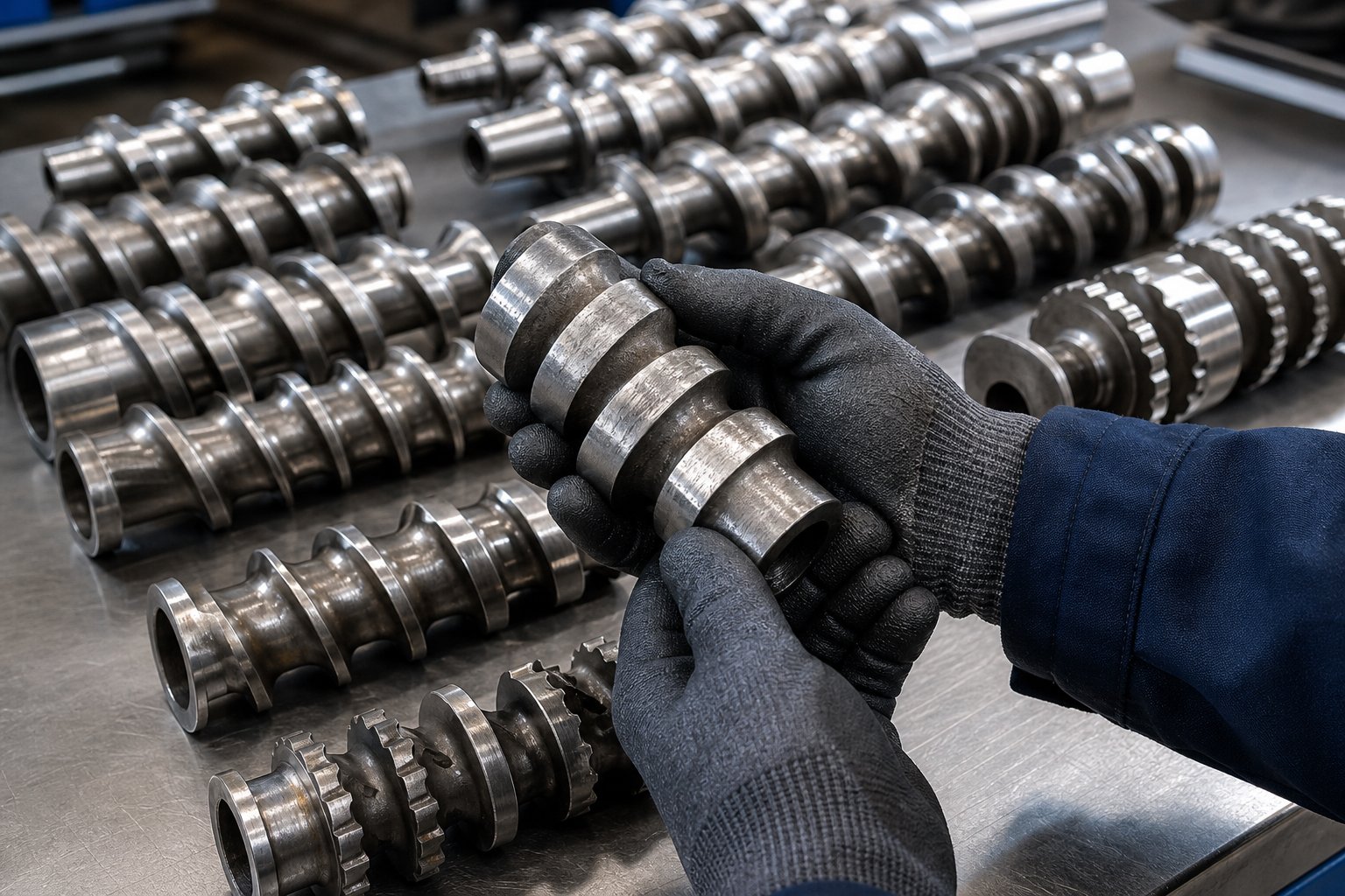 modular twin screw extruder screw elements during inspection highlighting the importance of wear component management for sustained performance