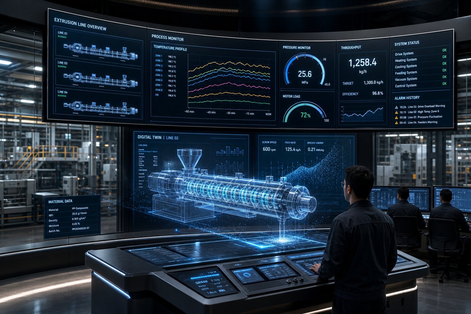 smart manufacturing control room with digital twin visualization for real time twin screw extruder process monitoring and optimization