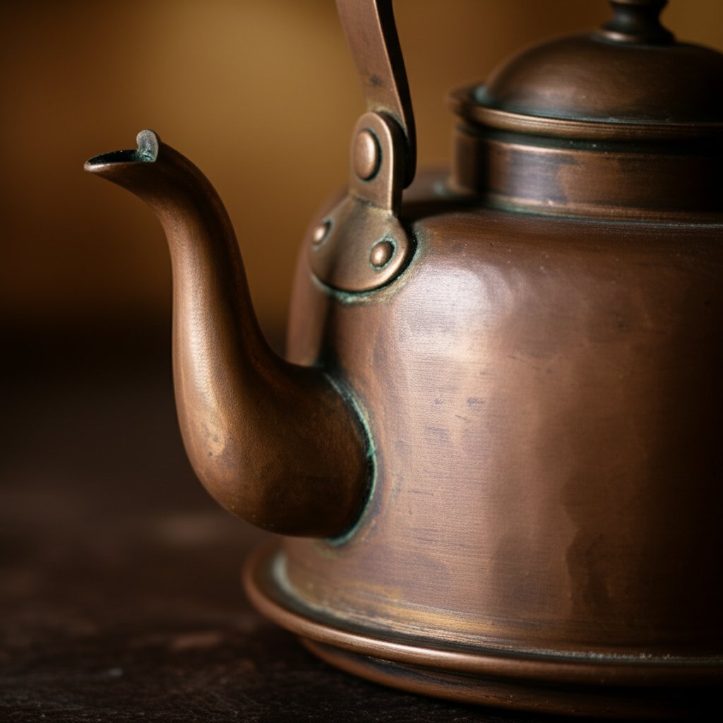 hand hammered seams and patina reveal a copper kettles authentic age