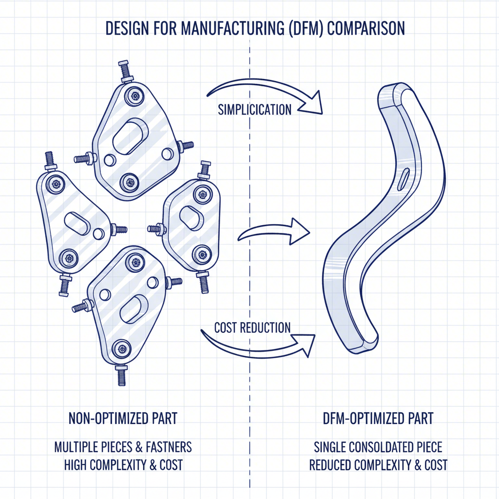 a visual comparison of a complex multi part component versus a simplified dfm optimized design