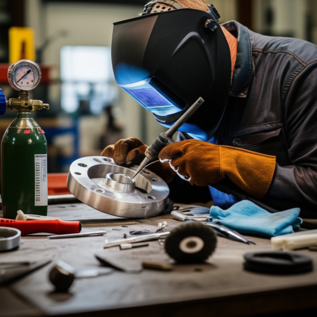 a welder prepares for aluminum tig welding with clean materials and precise setup