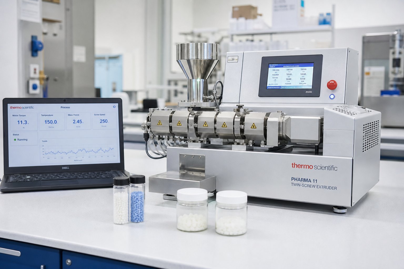 a benchtop twin screw extruder in a laboratory setting used for formulation development and small batch r&d trials