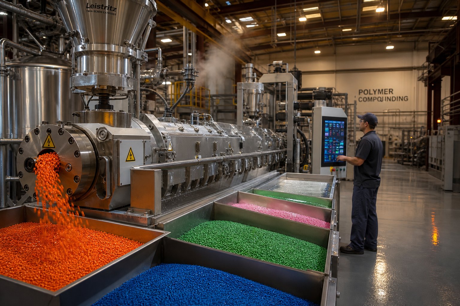 a twin screw compounding line producing polymer pellets in an industrial facility illustrating real world compounding applications