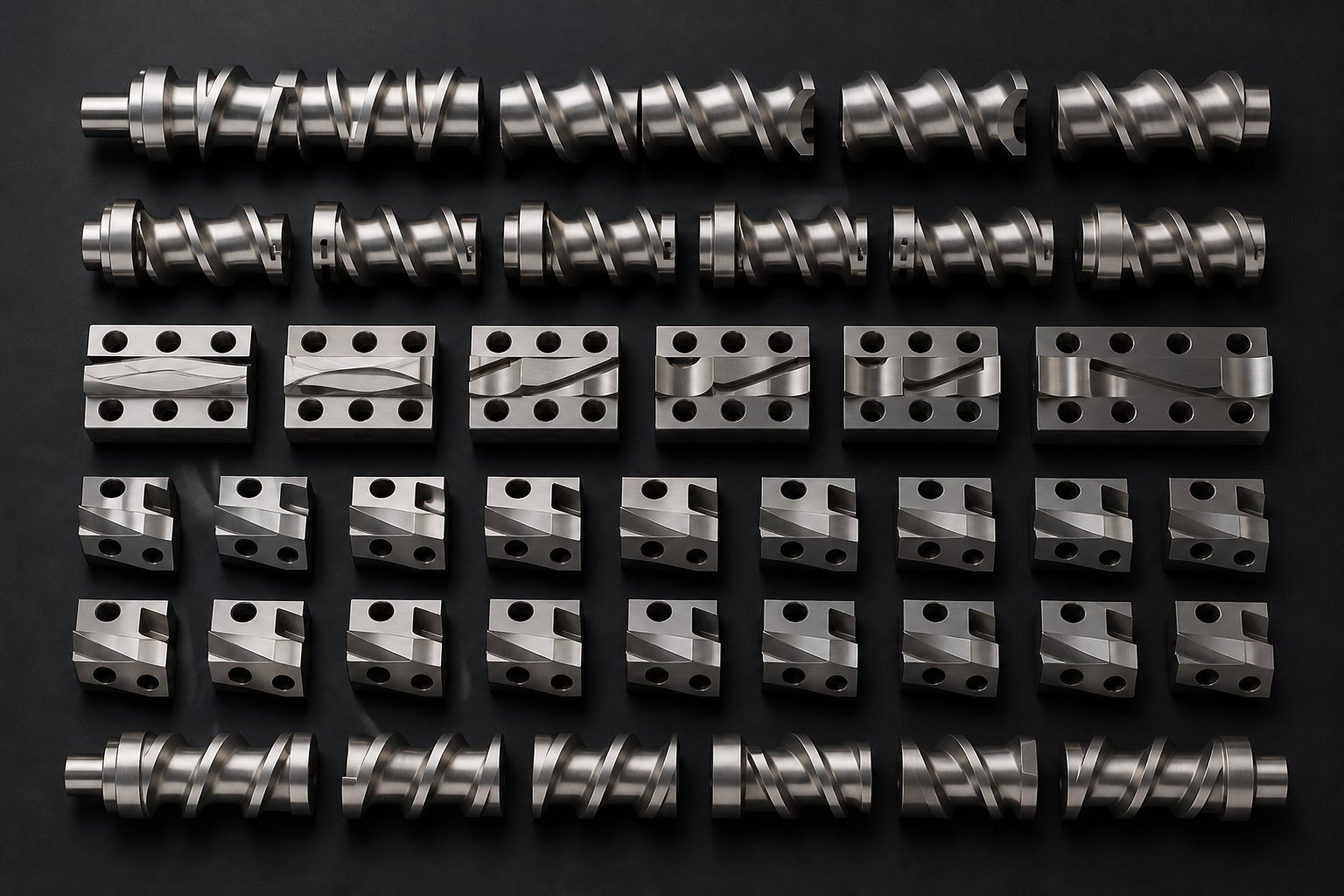 modular twin screw elements including conveying segments and kneading blocks showcasing the building block design approach