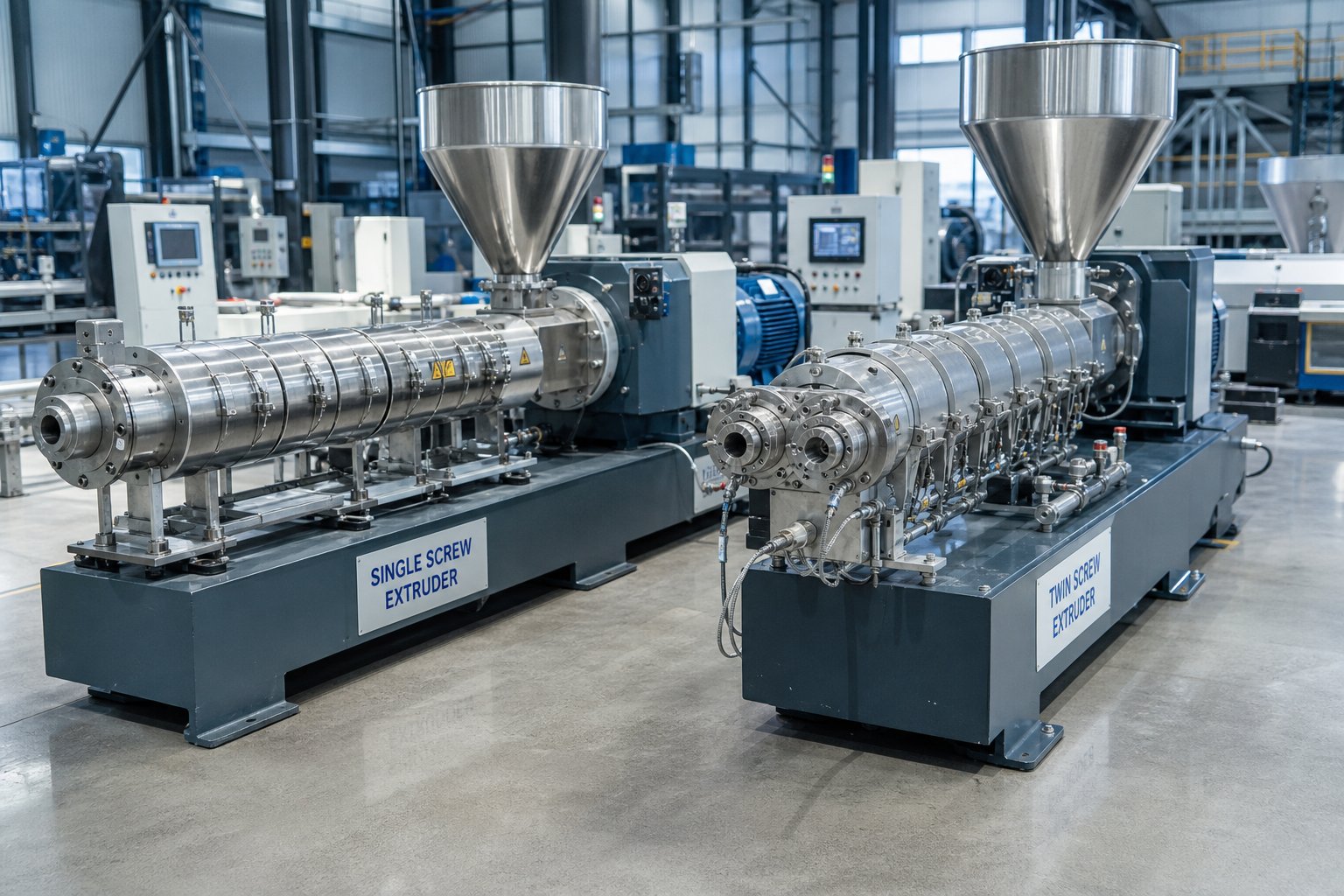 single screw and twin screw extruders on a production floor representing the two primary architectures in modern extrusion processing