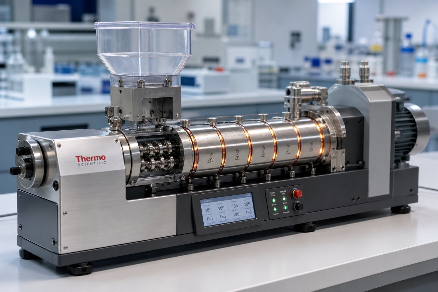 a laboratory twin screw extruder on a research bench showing heated barrel zones and compact design built for small scale formulation work