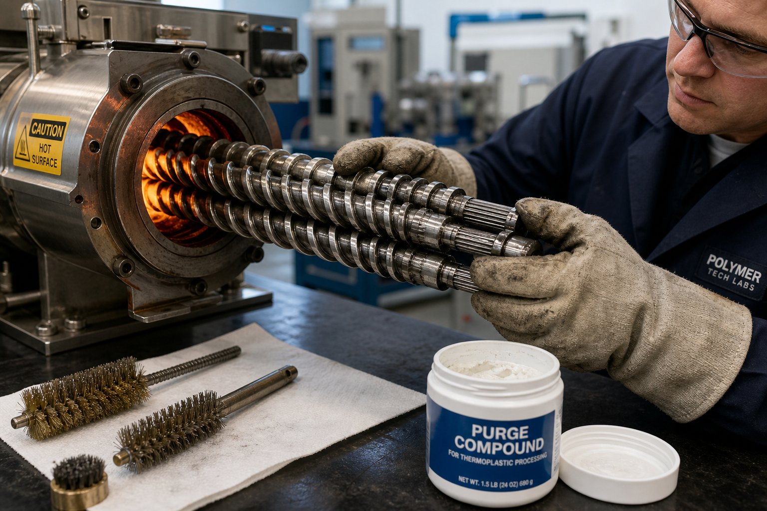 a researcher performing screw element removal and cleaning on a lab twin screw extruder following best practices for safe material changeover
