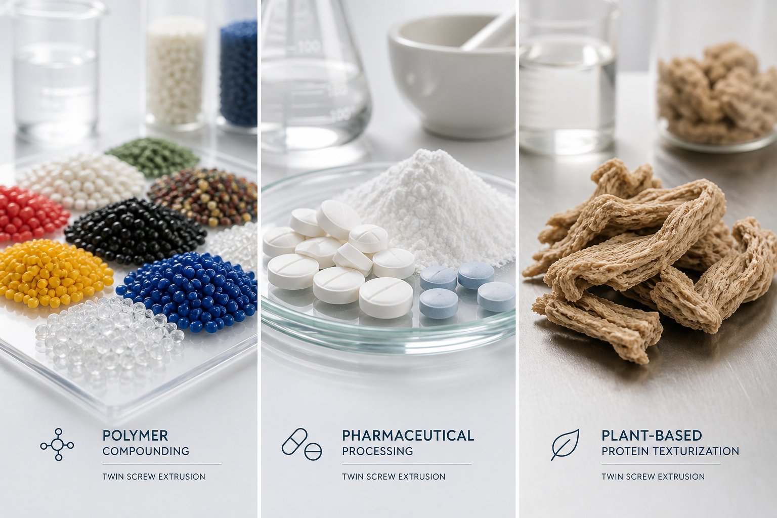 common materials processed by lab twin screw extruders span polymer compounds pharmaceutical formulations and food science applications