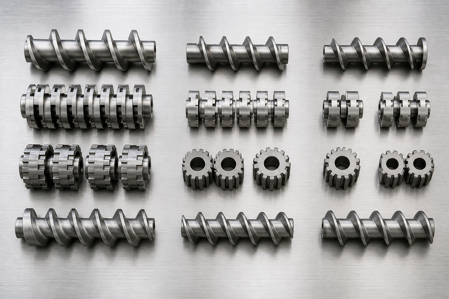 modular screw elements for a twin screw extruder including conveying flights kneading blocks and mixing elements used to build custom profiles