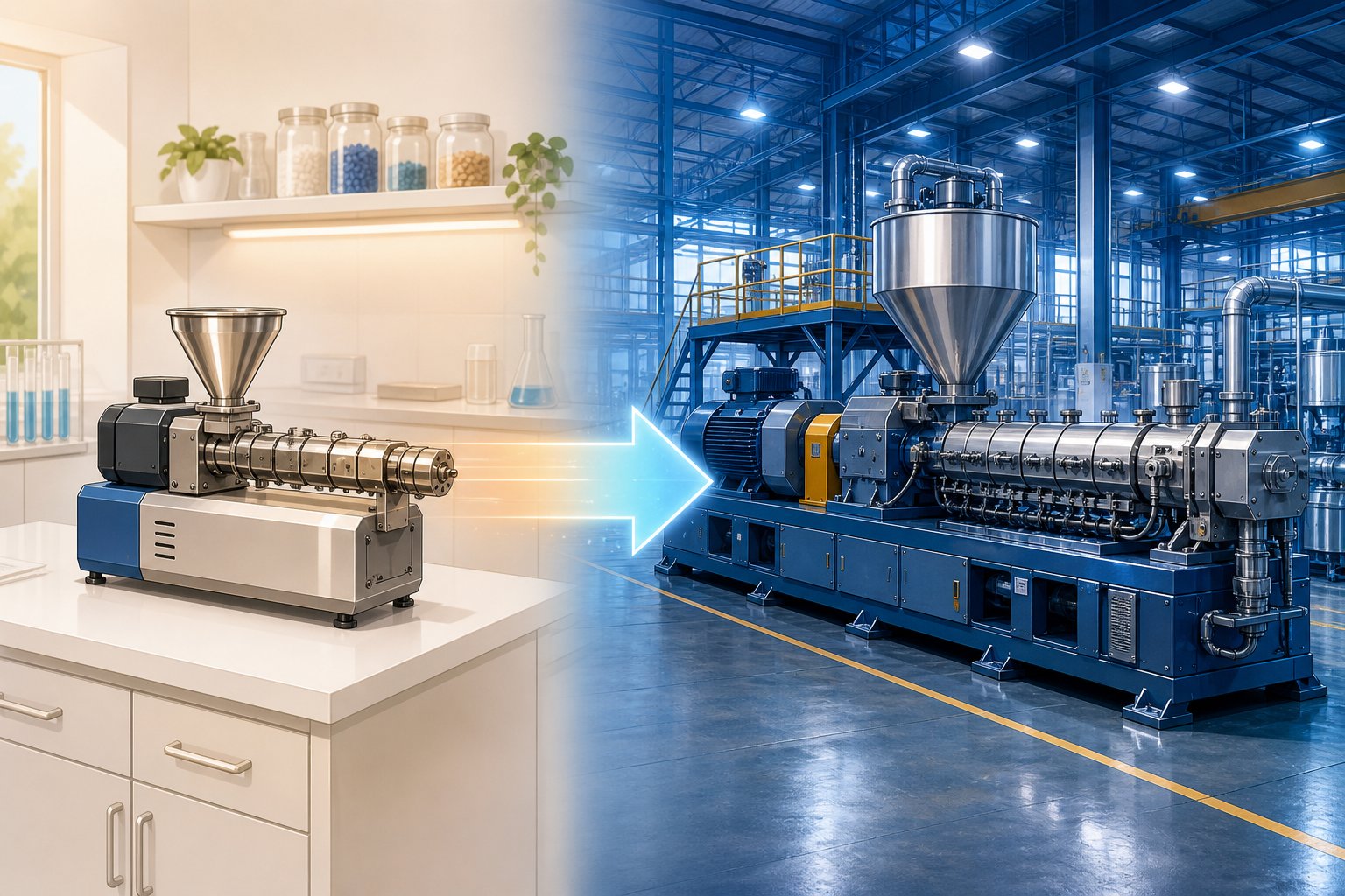 visualizing the scale up journey from a compact laboratory twin screw extruder to a full size production extrusion line