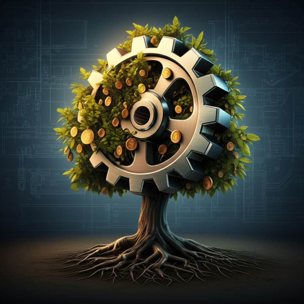 metaphorical image of a gear turning into a money tree symbolizing roi from tooling