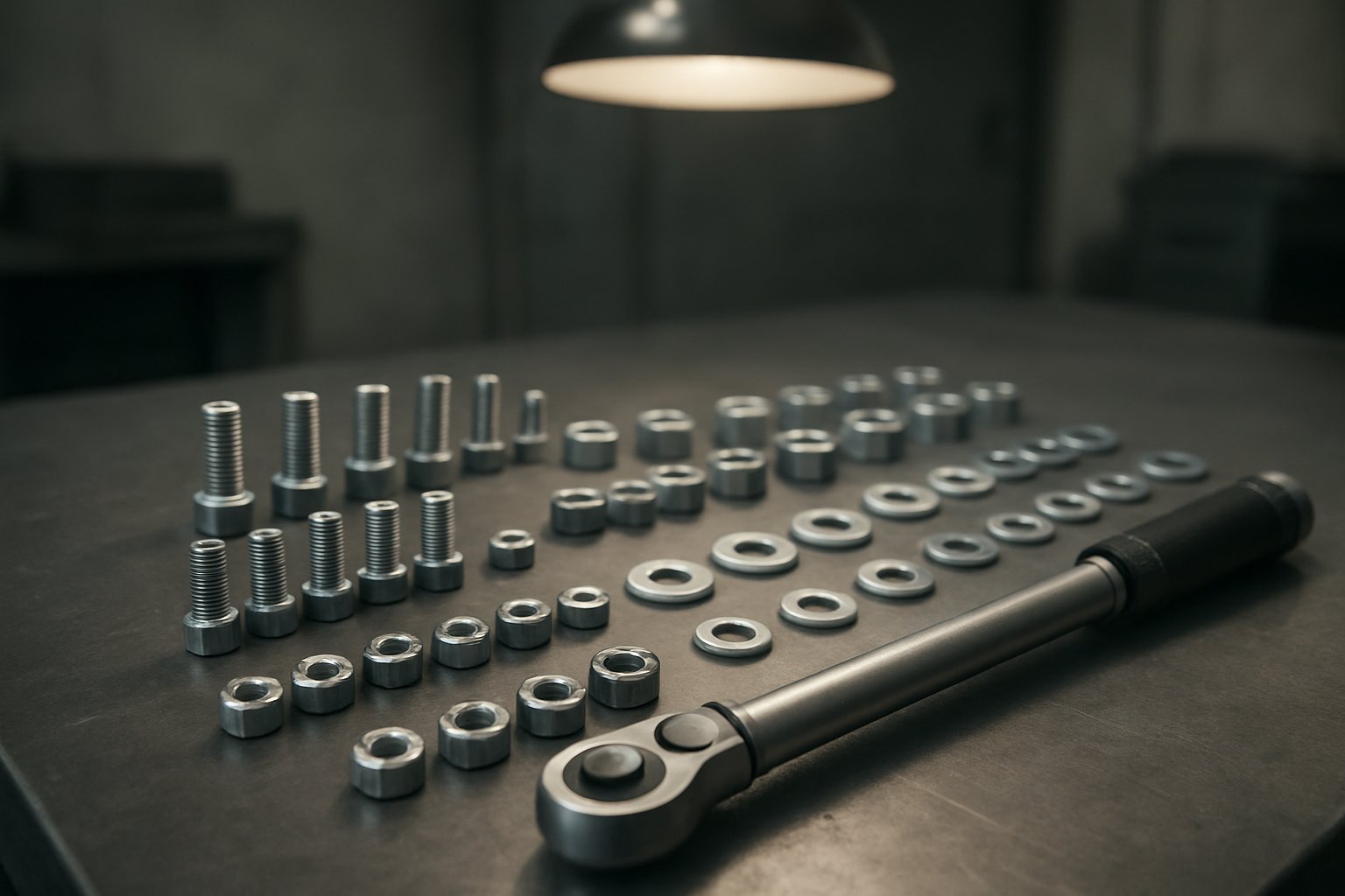 torque focused zinc flake coated fasteners and washers on an assembly bench