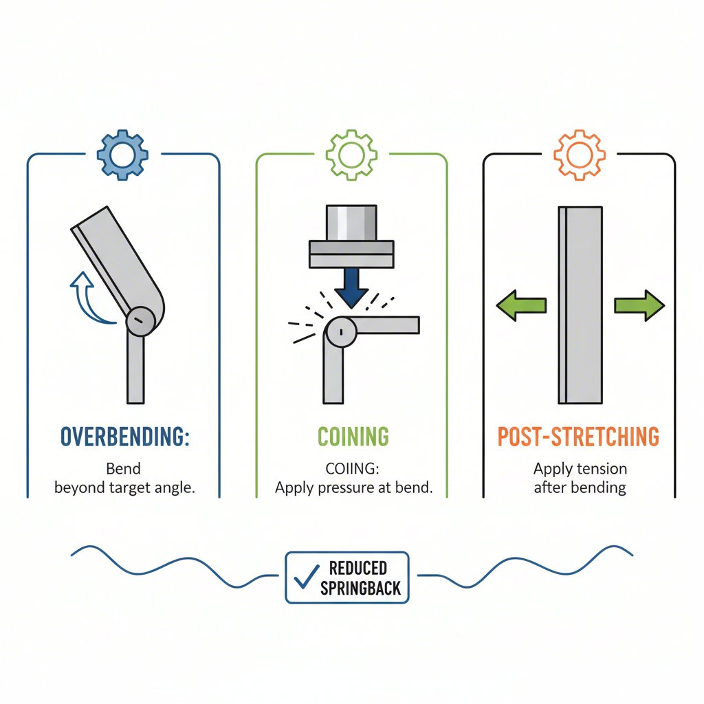 a diagram comparing overbending coining and post stretching techniques for springback control
