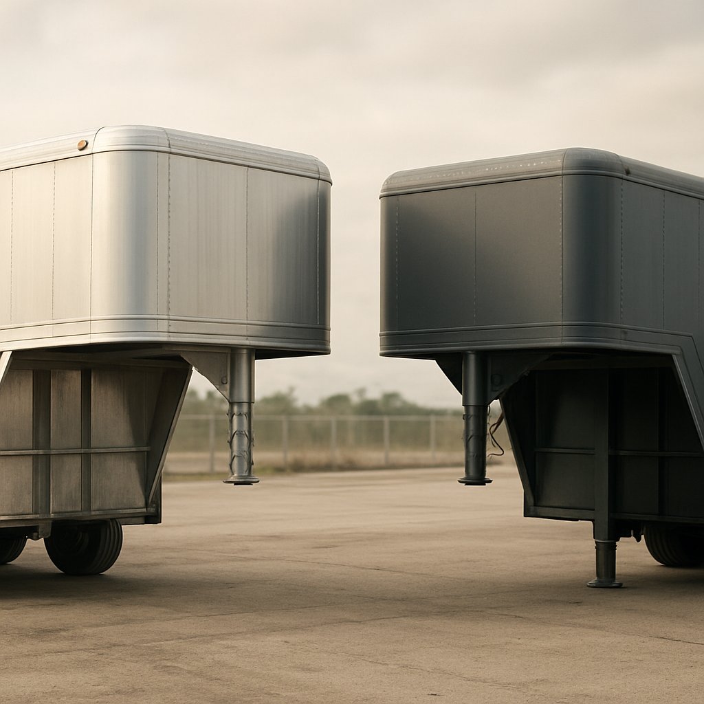 aluminum and steel gooseneck trailers shown for material comparison