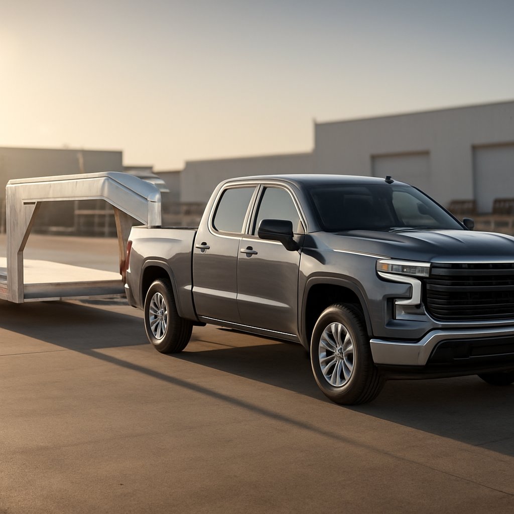 aluminum gooseneck trailer connected to a pickup truck in a trailer lot
