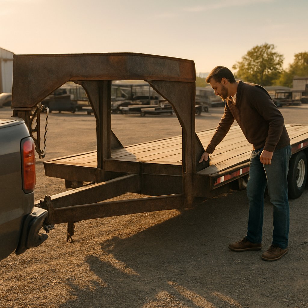 buyer checking gooseneck trailer size deck style and truck fit