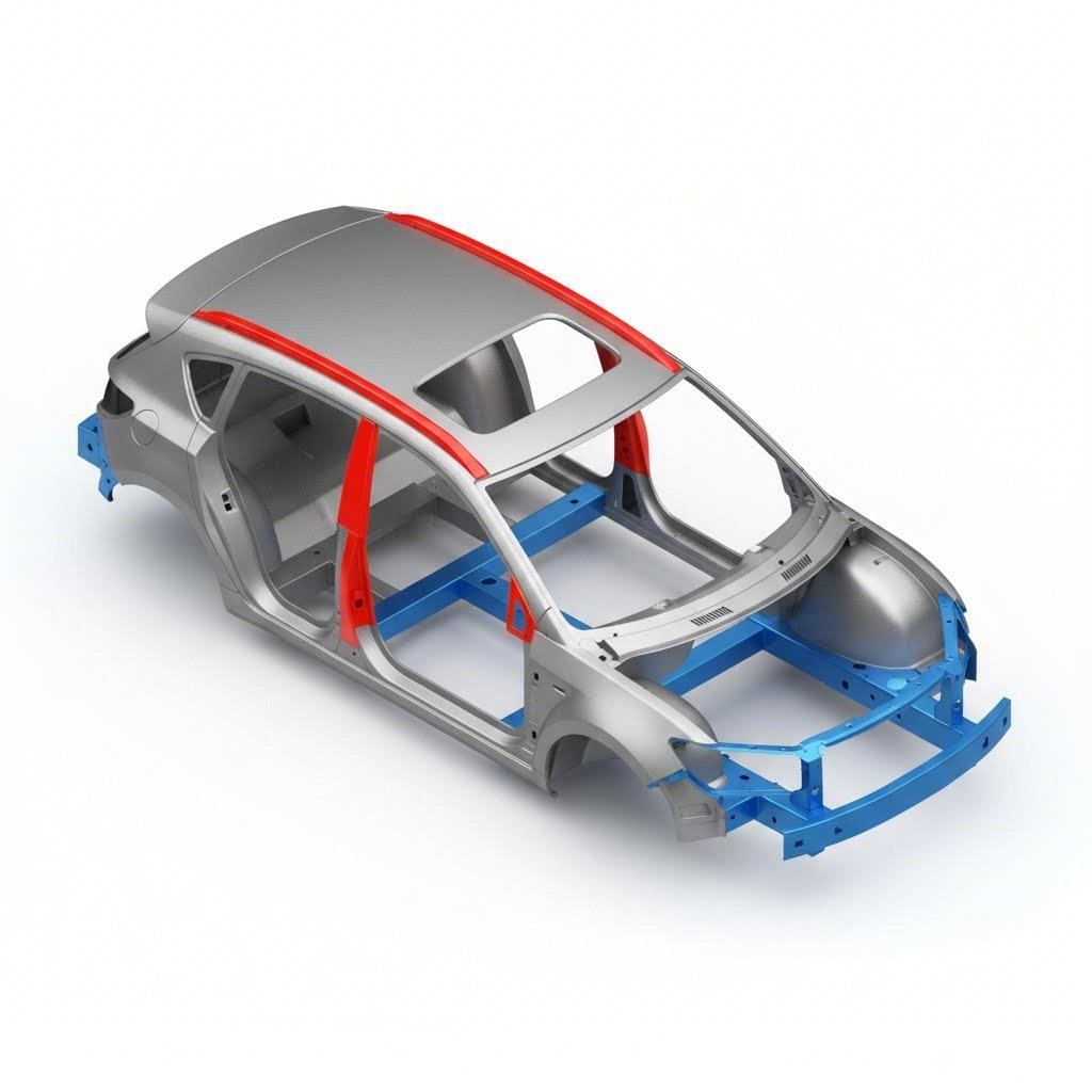 Automotive body in white diagram distinguishing hot stamped safety zones from cold stamped structural areas