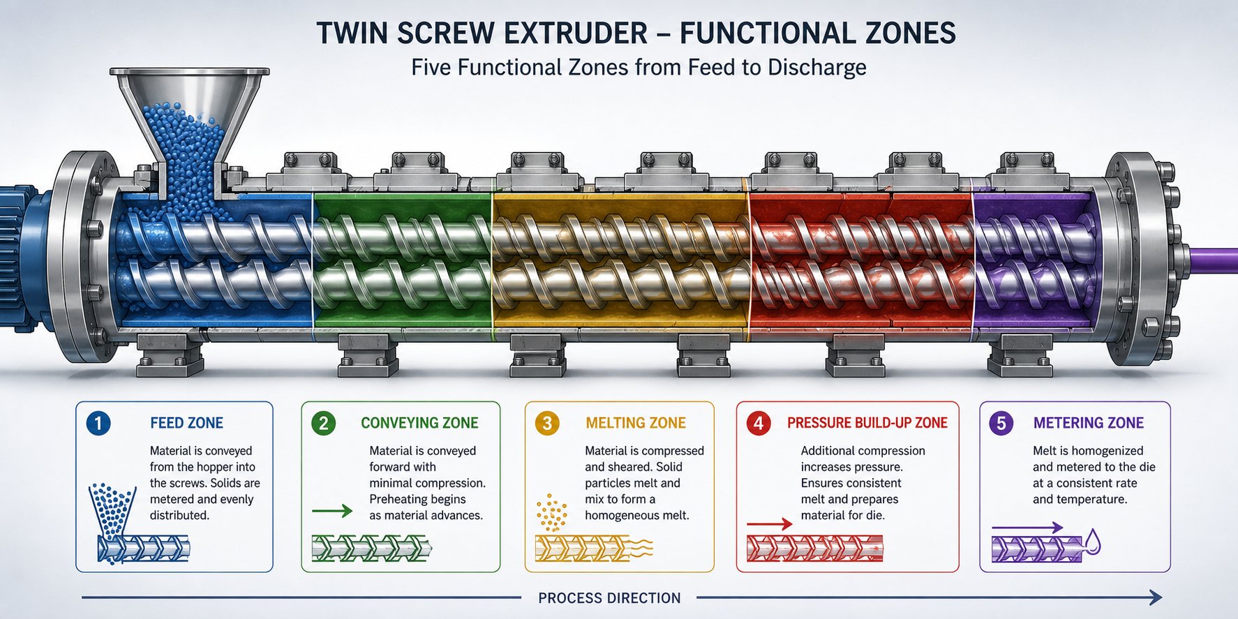 five functional zones of a twin screw extruder from feed intake to pressure build up