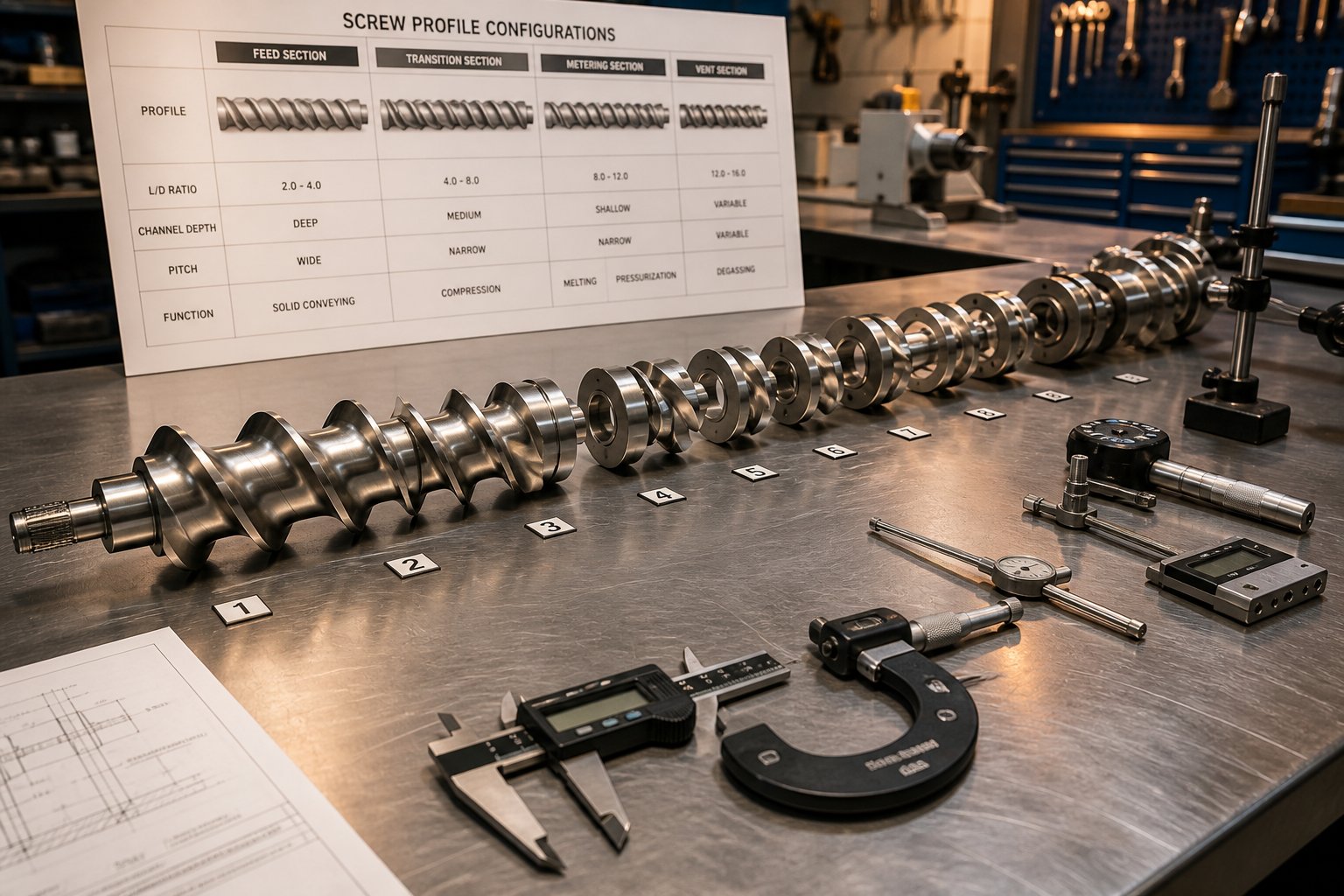modular screw elements laid out for inspection and screw profile troubleshooting