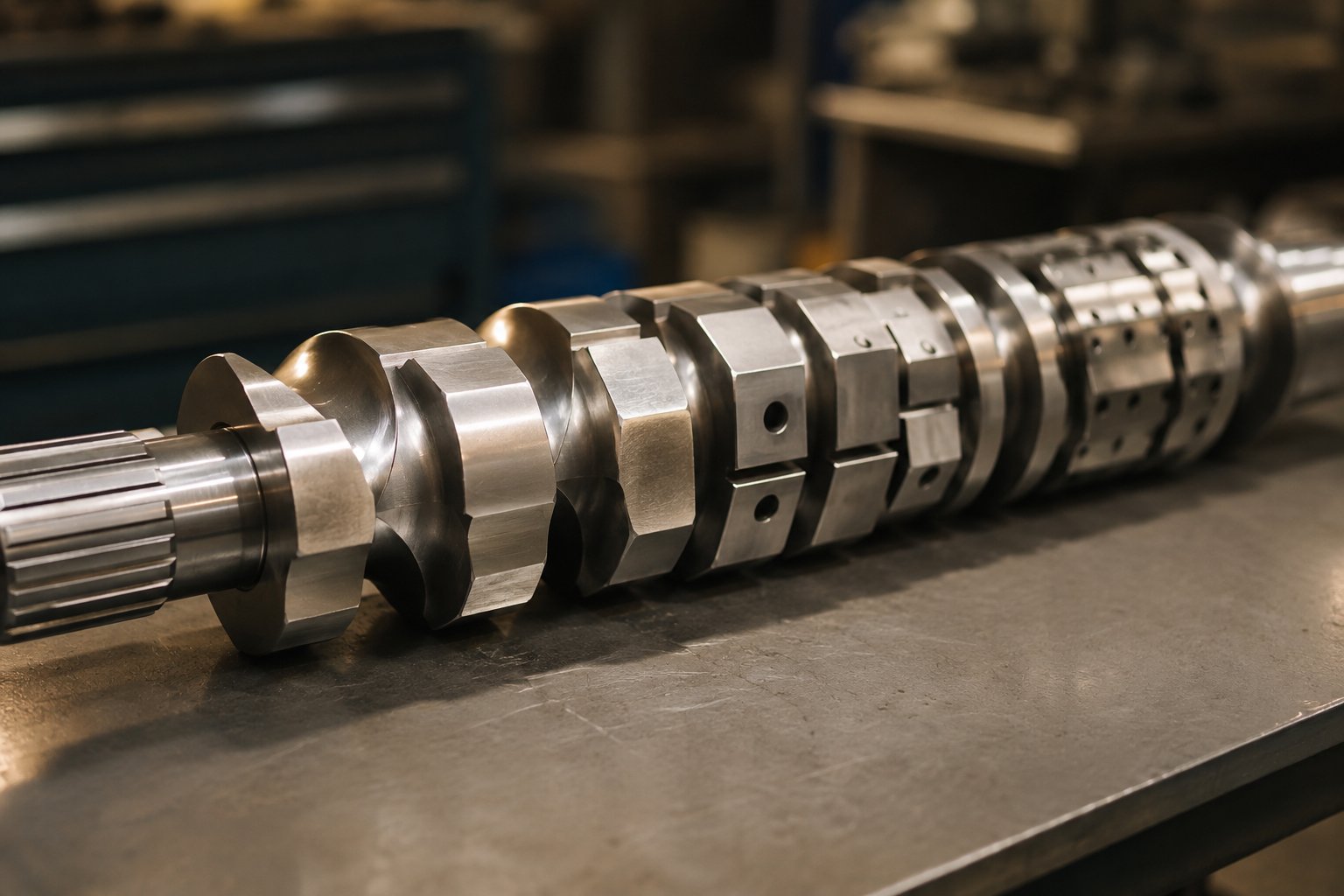 modular twin screw extruder elements mounted on a splined shaft showing conveying segments and kneading blocks