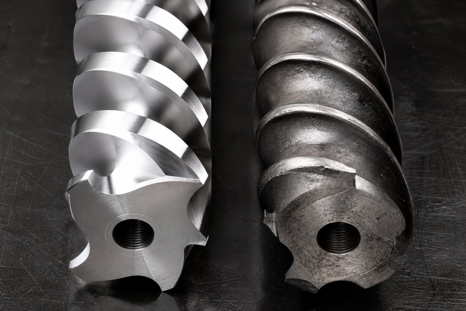 new versus worn twin screw extruder elements showing visible flight edge degradation from abrasive wear