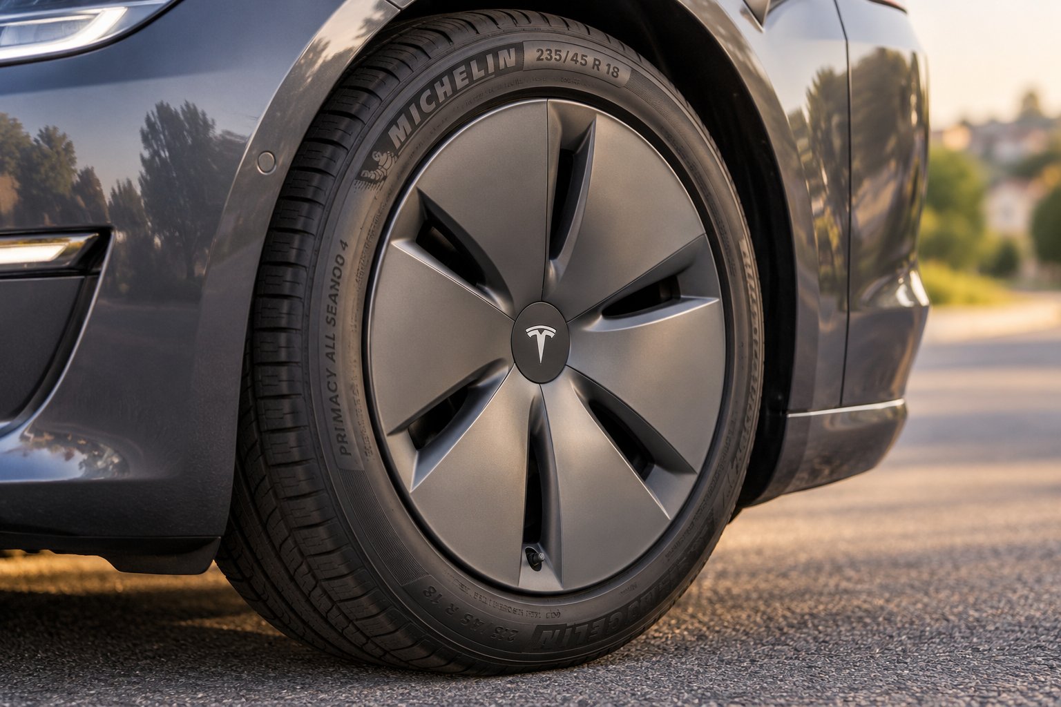 tesla model 3 18 inch aero wheel with aerodynamic cover installed for maximum range efficiency