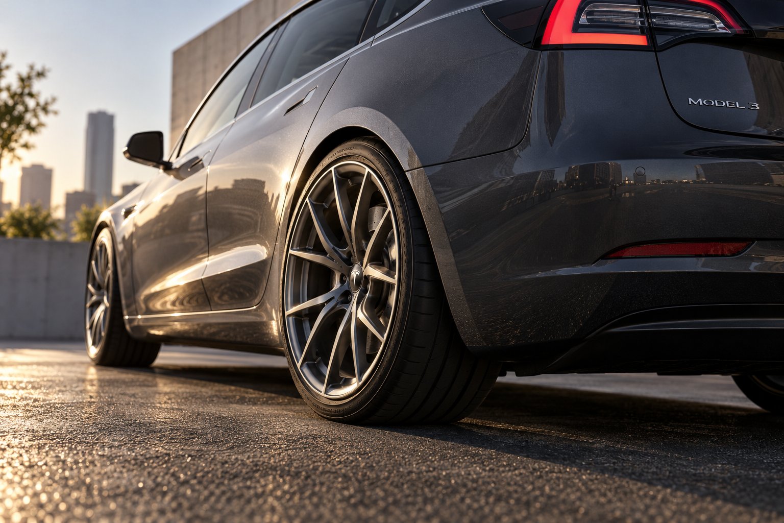 tesla model 3 19 inch sport wheel filling the wheel well with a sporty aggressive stance