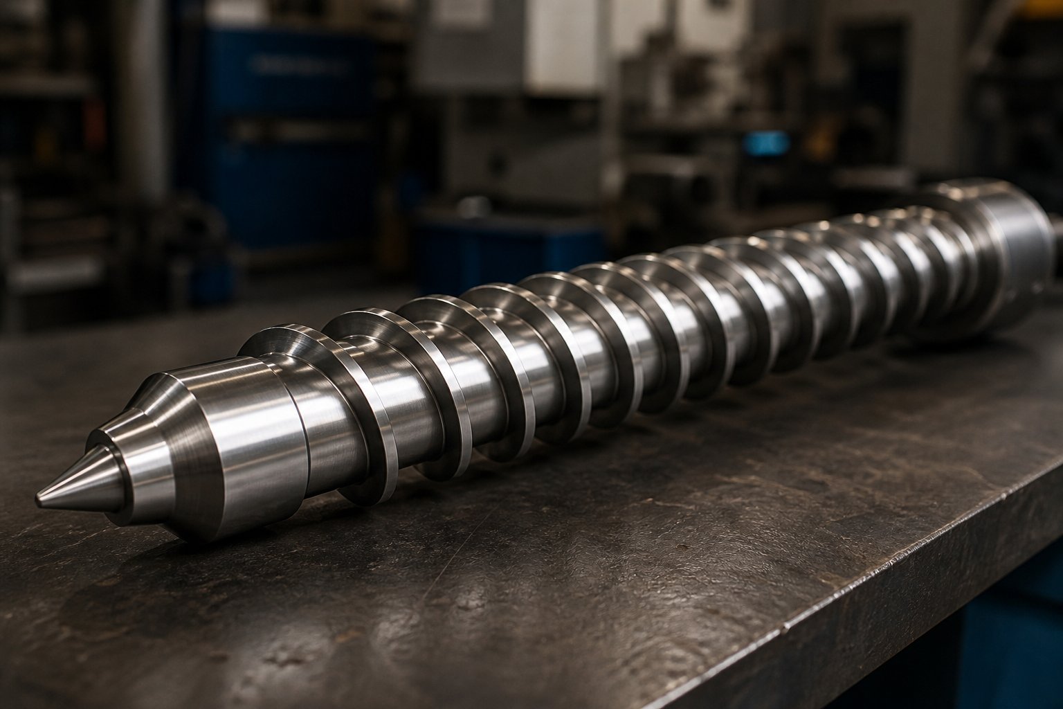 injection molding screw with helical flights that convey melt and inject polymer into the mold cavity