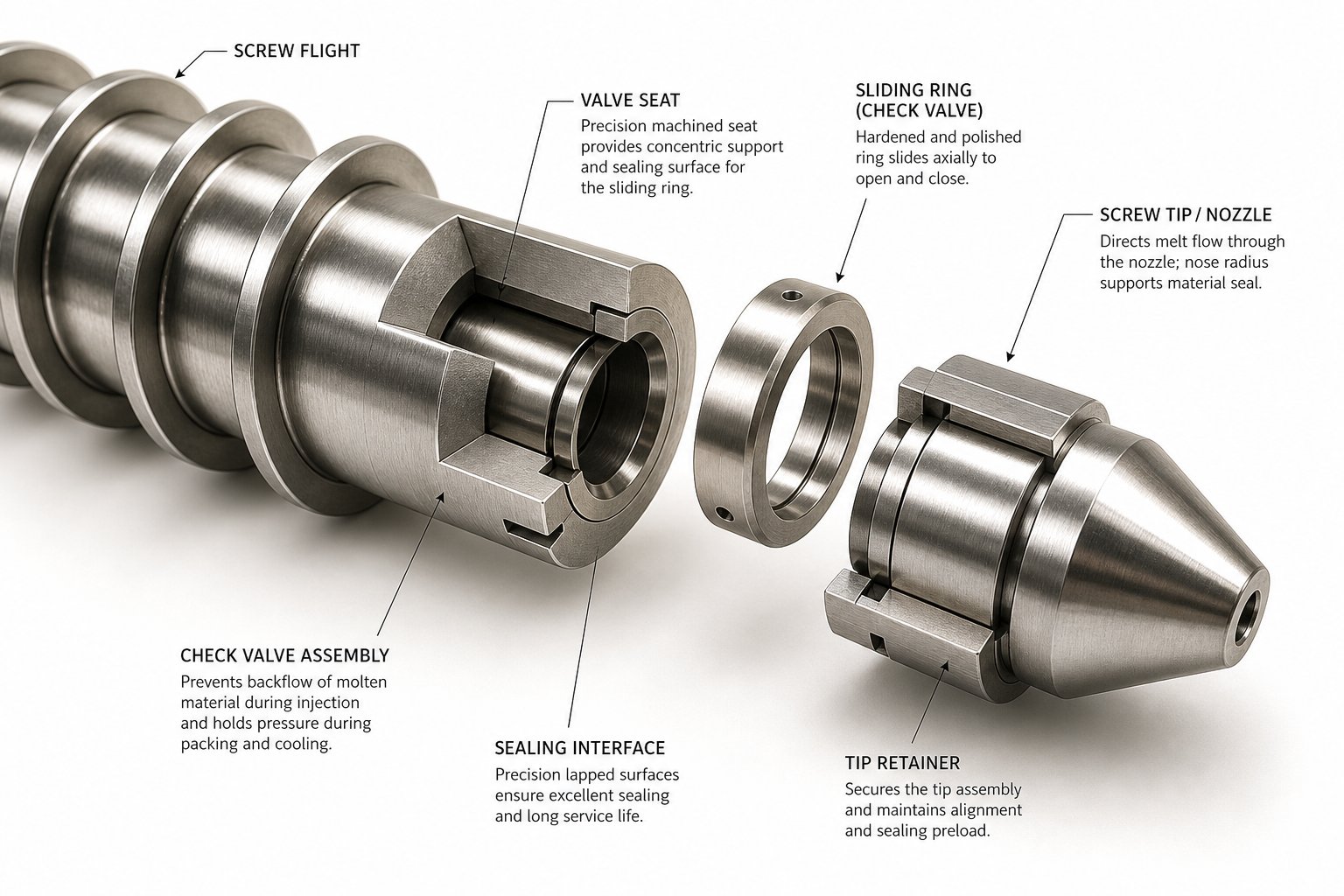sliding ring check valve assembly at the screw tip %E2%80%94 the critical seal that controls shot to shot consistency