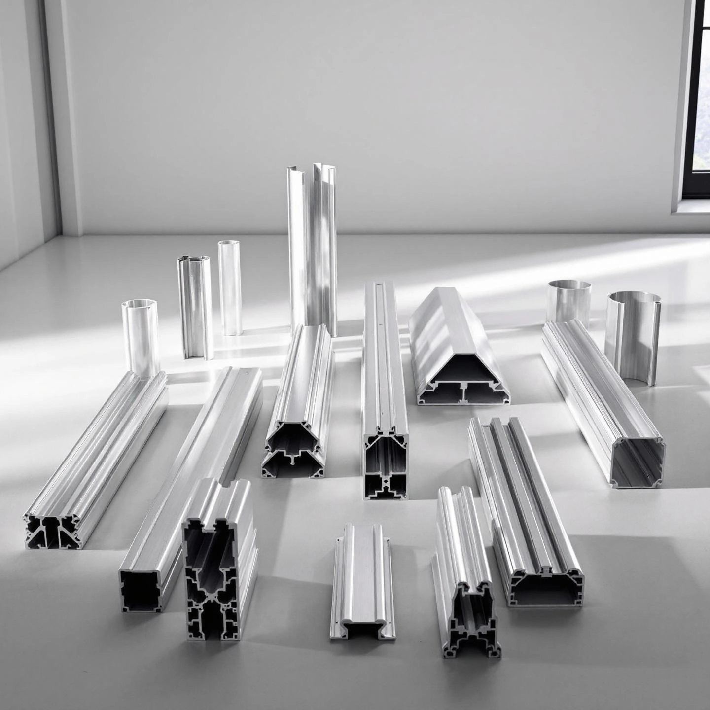 a selection of extruded aluminum profiles showcasing versatility and modern engineering