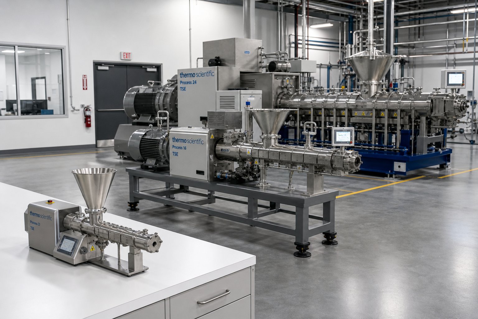 benchtop laboratory and pilot scale twin screw extruders illustrating the progression from r&d to production