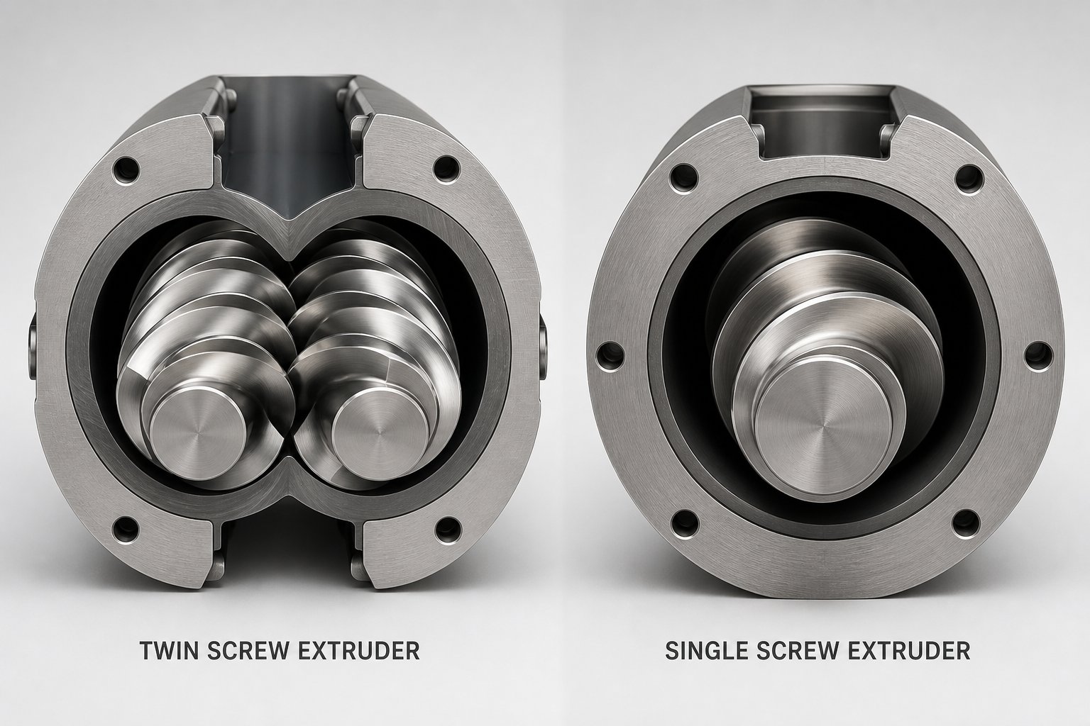 cross section comparison of a twin screw barrel with two intermeshing screws versus a single screw barrel