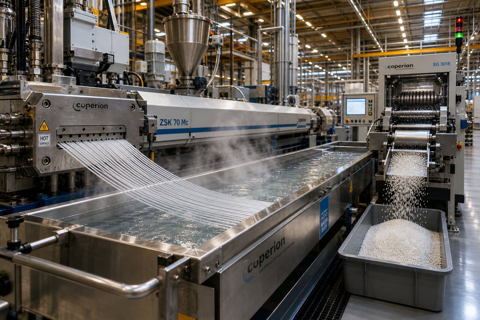 twin screw compounding line with die head water cooling bath and pelletizer producing polymer pellets