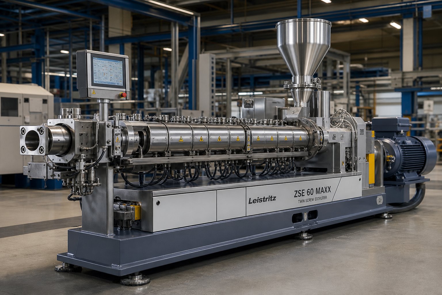 twin screw extruder machine in a modern production facility showing barrel zones feed hopper and drive system