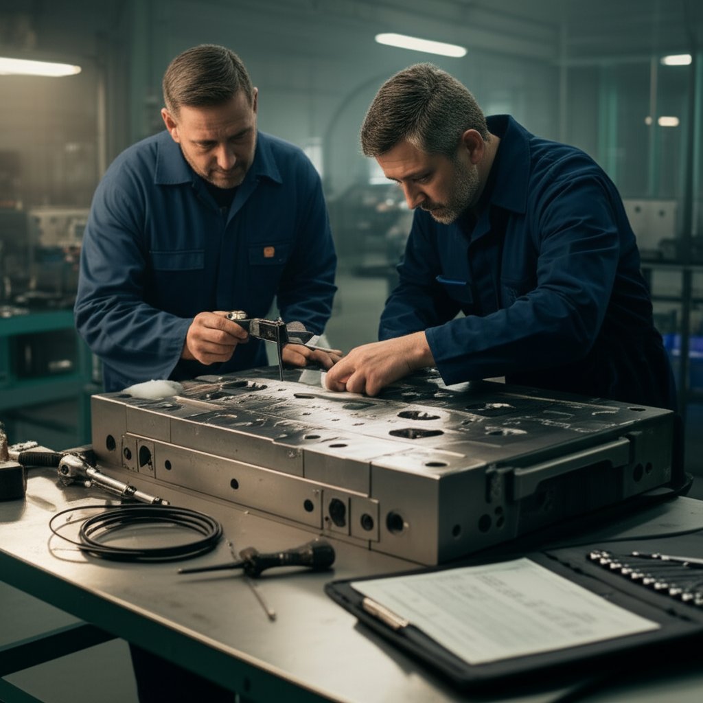 technicians performing maintenance and inspection on a forming die