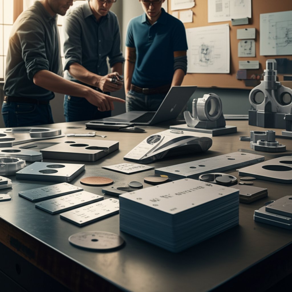 engineers reviewing aluminum prototypes and laser marked samples