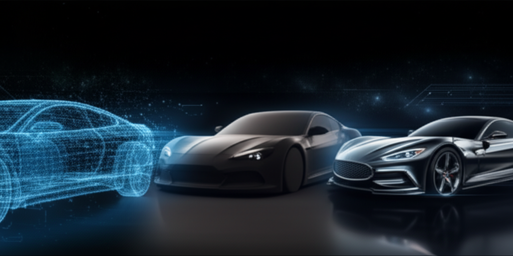 conceptual visualization of automotive design from digital wireframe to physical prototype