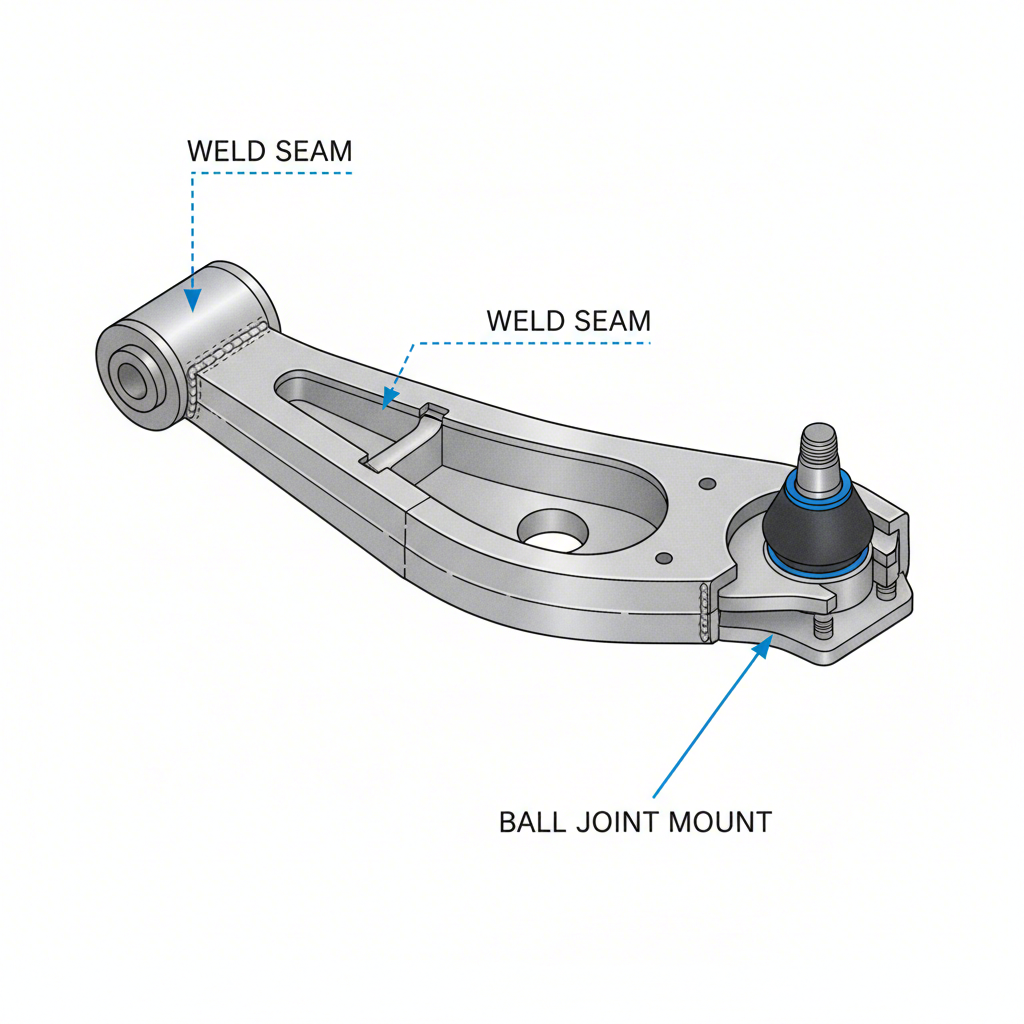 diagram of a stamped steel control arm highlighting its hollow construction and welds