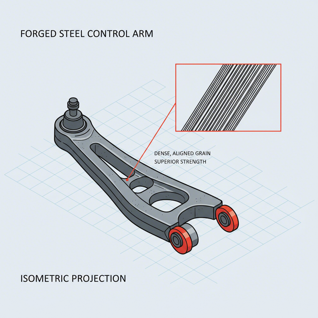 illustration of a solid forged steel control arm showing its dense internal grain structure